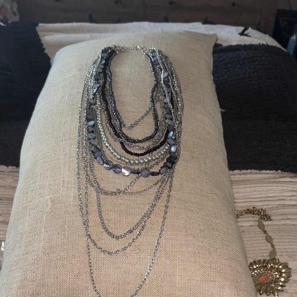 Elegant Multi-Layered Silver and Black Necklace